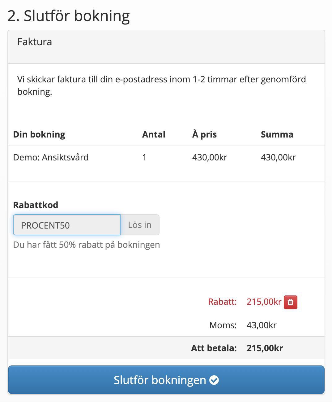 Rabattkod har använts i kassan och visar nytt belopp för bokningen